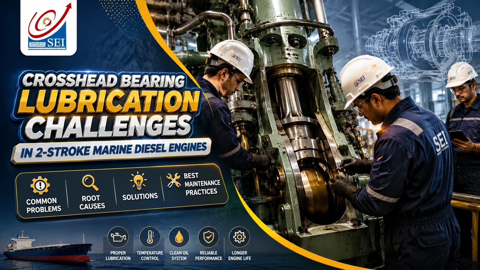 Read more about the article Crosshead Bearing Lubrication Challenges in 2-Stroke Marine Diesel Engines: Common Problems, Root Causes, Solutions & Best Maintenance Practices
